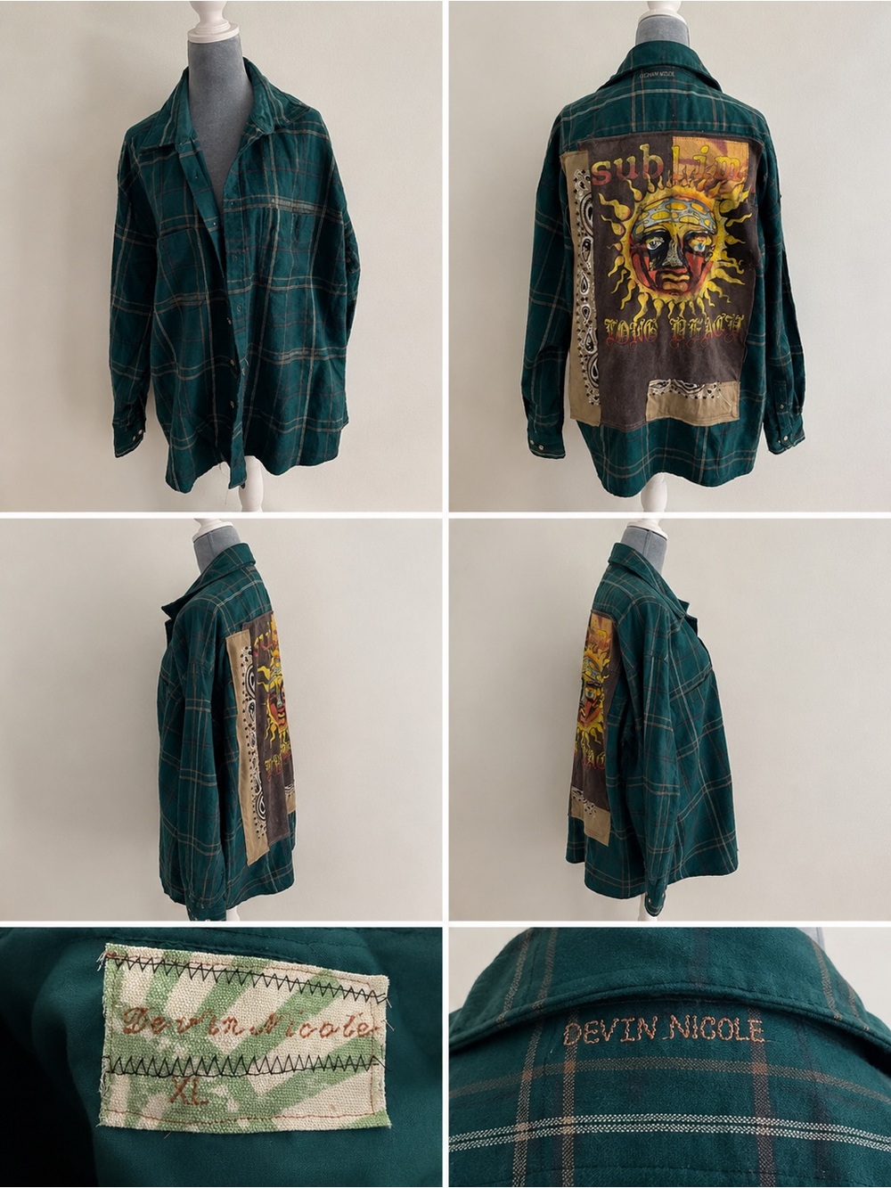Custom made Green Plaid Button-Up Flannel Shirt with Sublime Patch Band Tshirt